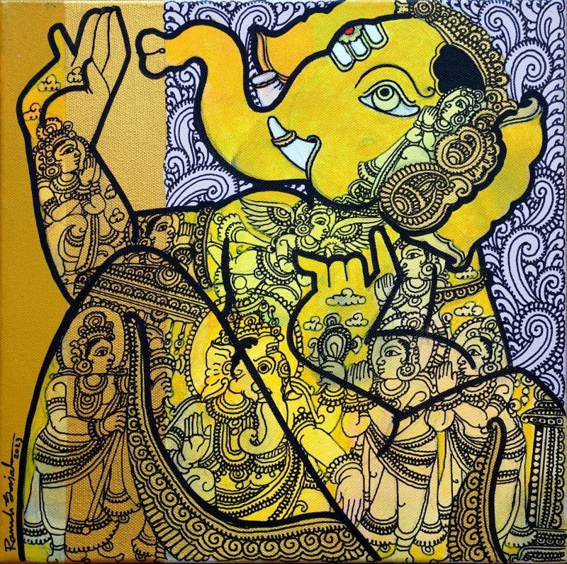 Religious acrylic painting titled 'Lord Ganesh', 12x12 inches, by artist Ramesh Gorjala on Canvas