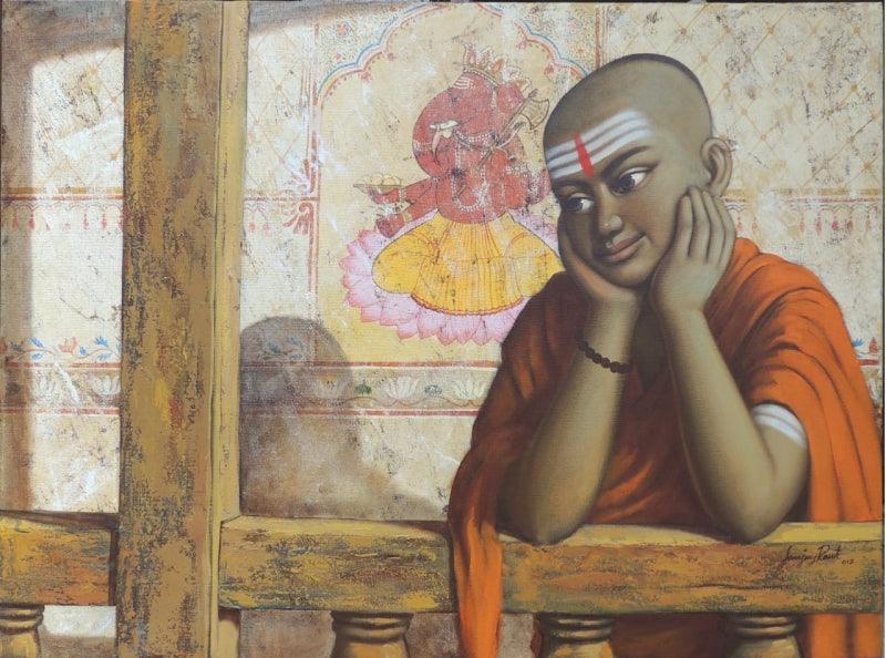 Religious acrylic painting titled 'Lord Ganesha', 30x40 inches, by artist Sanjay Raut on Canvas