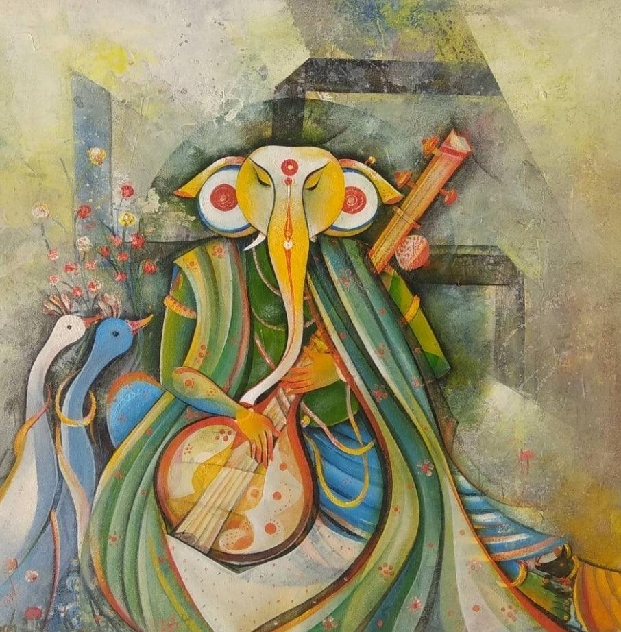 Religious acrylic painting titled 'Lord Ganesha', 24x24 inches, by artist M Singh on Canvas