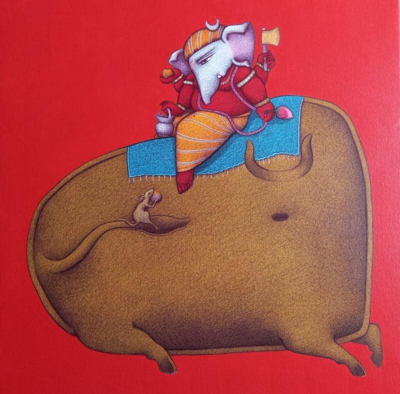 Religious mixed media painting titled 'Lord Ganesha', 24x24 inches, by artist Mohammed Suleman on Canvas