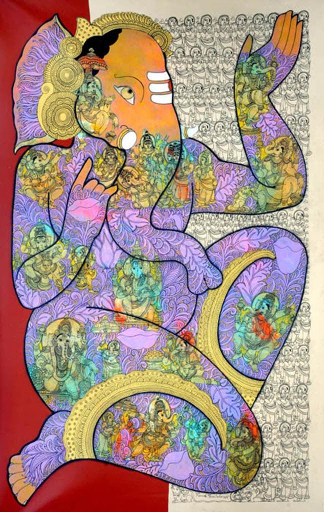 Religious acrylic painting titled 'Lord Ganesha', 58x35 inches, by artist Ramesh Gorjala on Canvas
