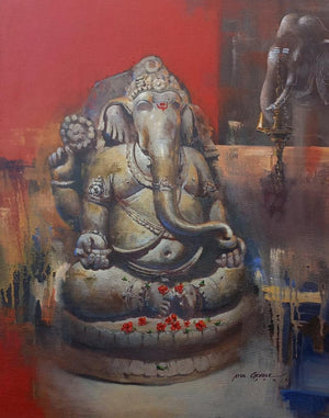 Religious acrylic painting titled 'Lord Ganesha', 30x24 inches, by artist Atul Gendle on Canvas