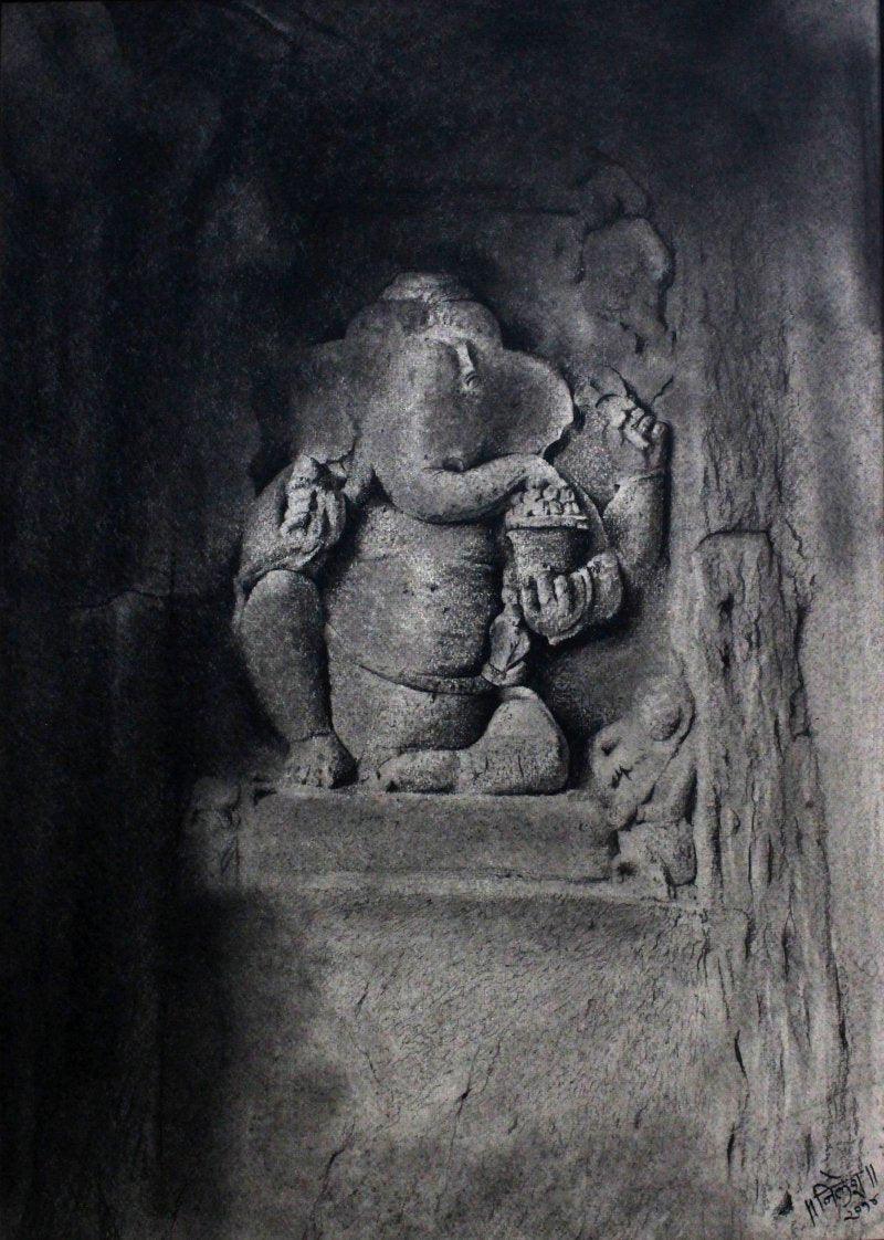 Religious charcoal drawing titled 'Lord Ganesha', 22x32 inches, by artist NILESH GAVALE on Paper
