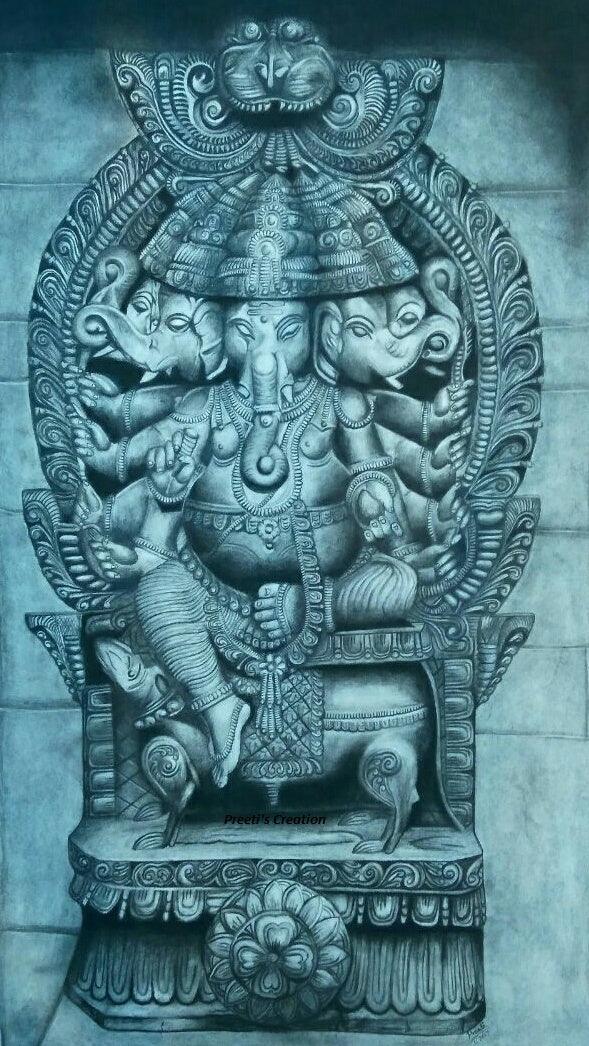 Religious charcoal painting titled 'Lord Ganesha', 26x41 inches, by artist Preeti Ghule on Paper