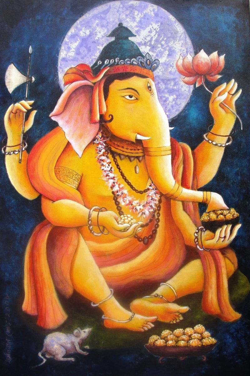 Religious acrylic painting titled 'Lord Ganesha', 30x20 inches, by artist Anirban Seth on Canvas
