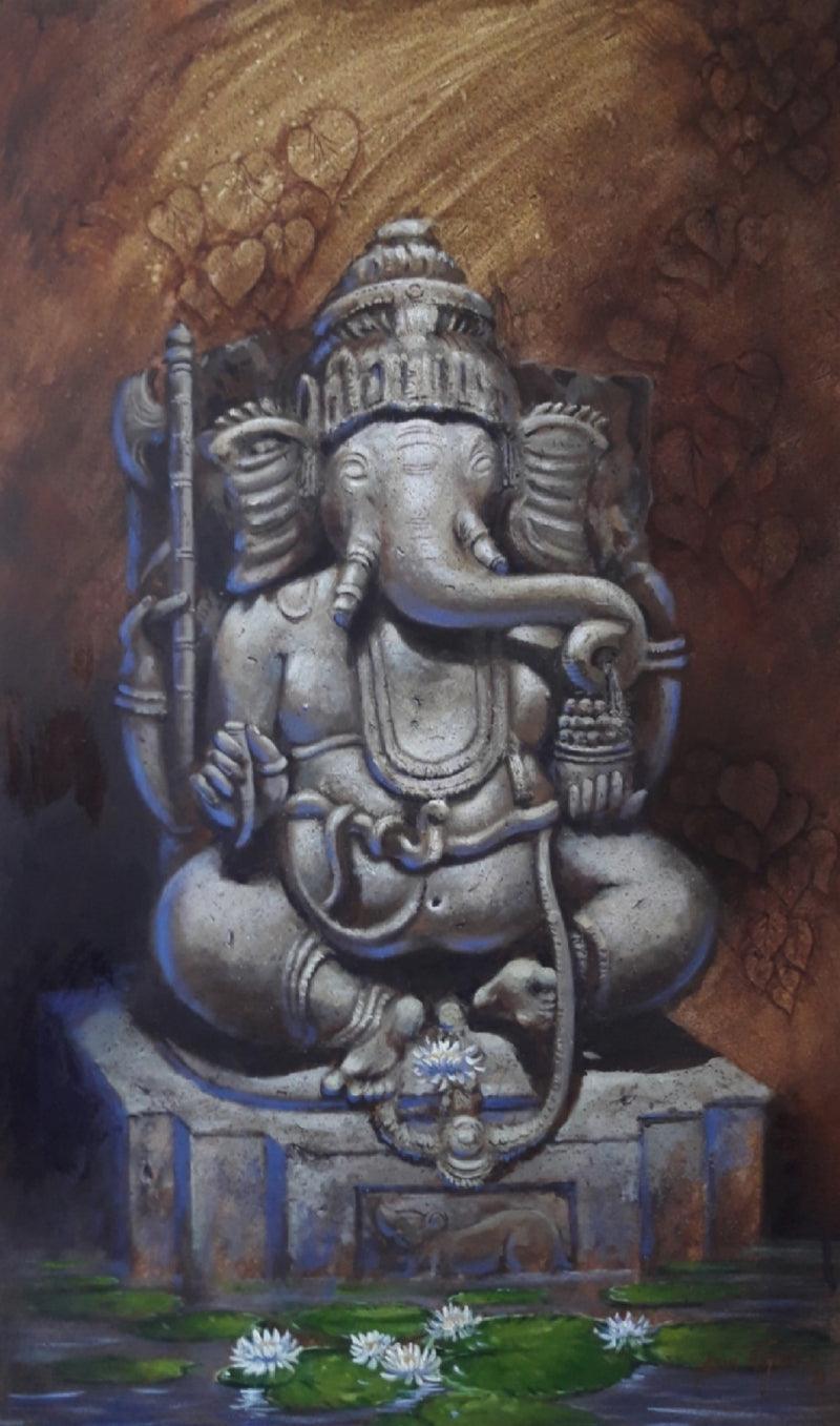 Religious acrylic painting titled 'Lord Ganesha', 36x18 inches, by artist Atul Gendle on Canvas