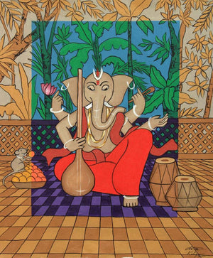Lord Ganesha (Divine Melody) by Chetan Katigar, Original Acrylic Figurative Painting on Canvas, Small Vertical Wall Art