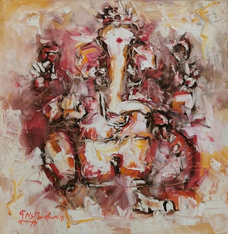 Religious oil painting titled 'Lord Ganesha', 24x24 inches, by artist N S Manoharan on Canvas