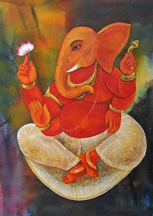 Religious tempera painting titled 'Lord Ganesha', 22x30 inches, by artist Suparna Dey on Paper