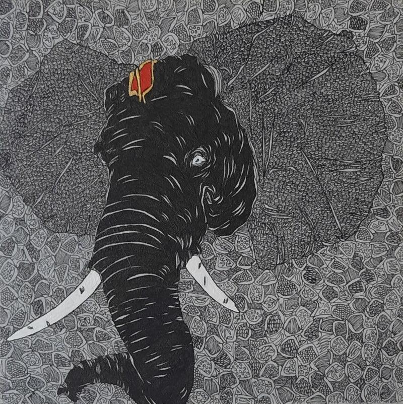 Religious pen drawing titled 'Lord Ganesha', 12x12 inches, by artist Rama Krishna V on Canvas