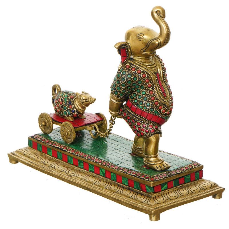 Religious handicraft titled 'Lord Ganesha Carrying Mushak Cart', 9x10x5 inches, by artist Brass Handicrafts on Brass