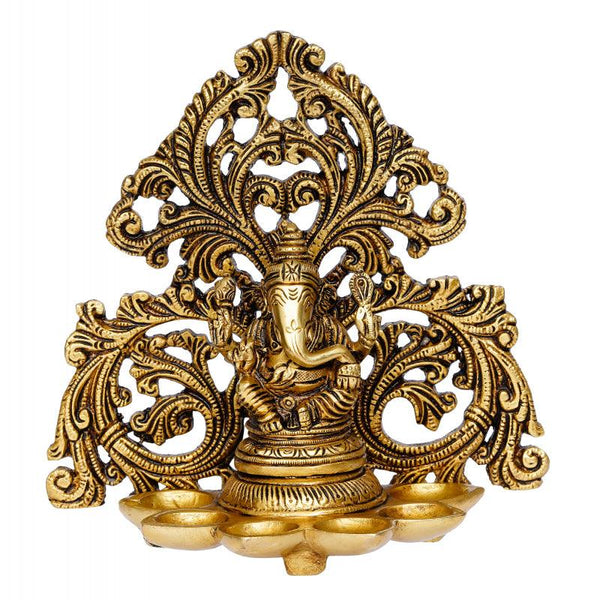 Lord Ganesha Idol With 6 Diya Wicks Handicraft by Brass Handicrafts | ArtZolo.com