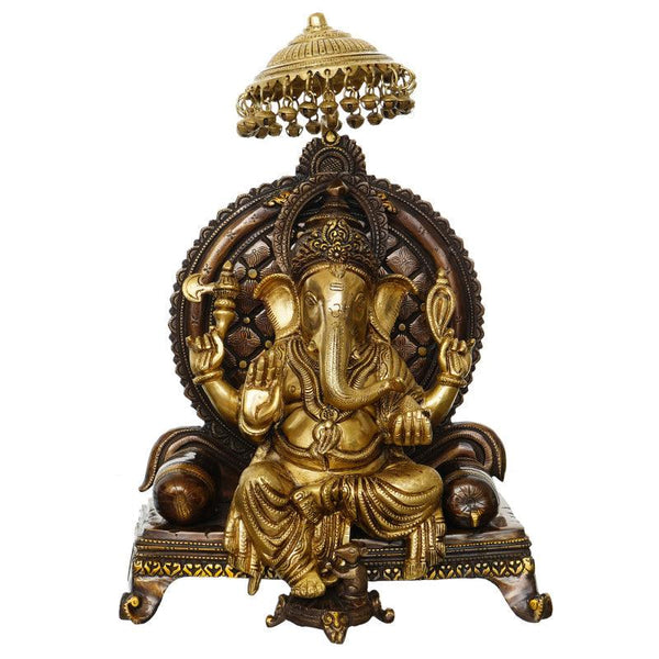 Lord Ganesha Sitting On A Throne With Chhatri Handicraft by Brass Handicrafts | ArtZolo.com