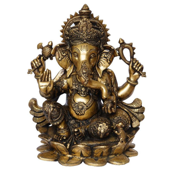 Lord Ganesha With Mukhut On Lotus Handicraft by Brass Handicrafts | ArtZolo.com