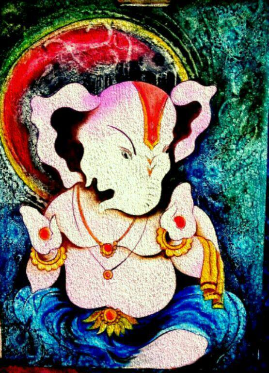 Religious oil painting titled 'Lord Ganesha with a unique look', 24x32 inches, by artist Mohd. Shakeel Saifi on Paper