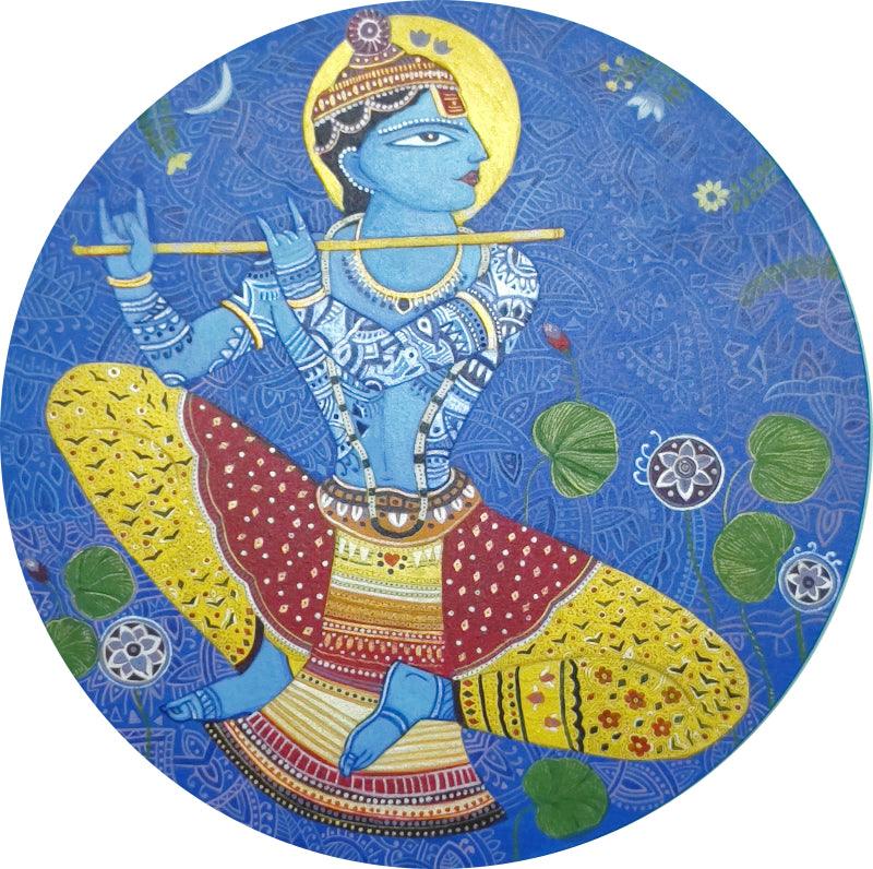 Religious acrylic painting titled 'Lord Krishna 2', 24x24 inches, by artist Bhaskar Lahiri on Canvas