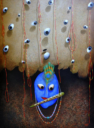 Religious oil painting titled 'Lord Krishna', 48x36 inches, by artist Abass Batliwala on Canvas