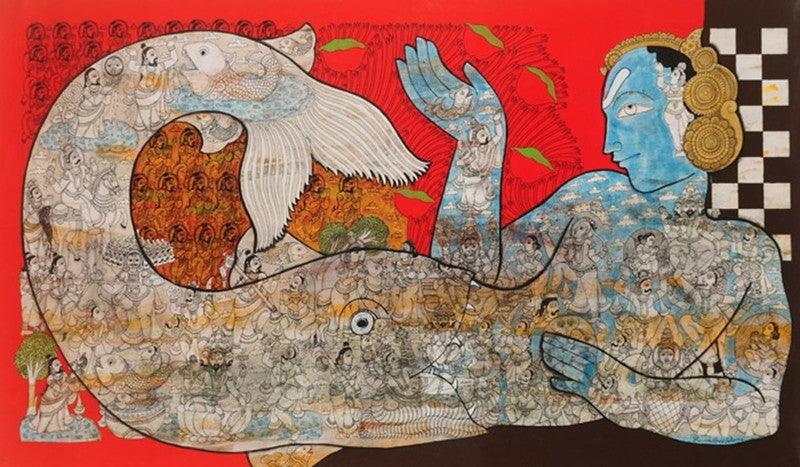 Religious mixed media painting titled 'Lord Krishna', 31x56 inches, by artist Ramesh Gorjala on Canvas