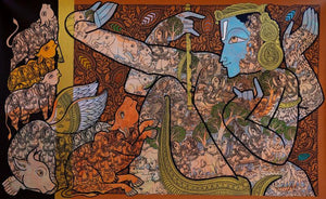 Religious acrylic painting titled 'Lord Krishna', 36x60 inches, by artist Ramesh Gorjala on Canvas