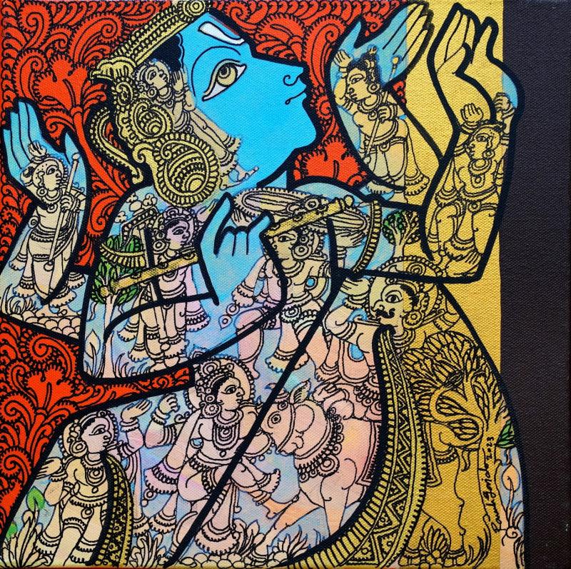 Religious acrylic painting titled 'Lord Krishna', 12x12 inches, by artist Ramesh Gorjala on Canvas