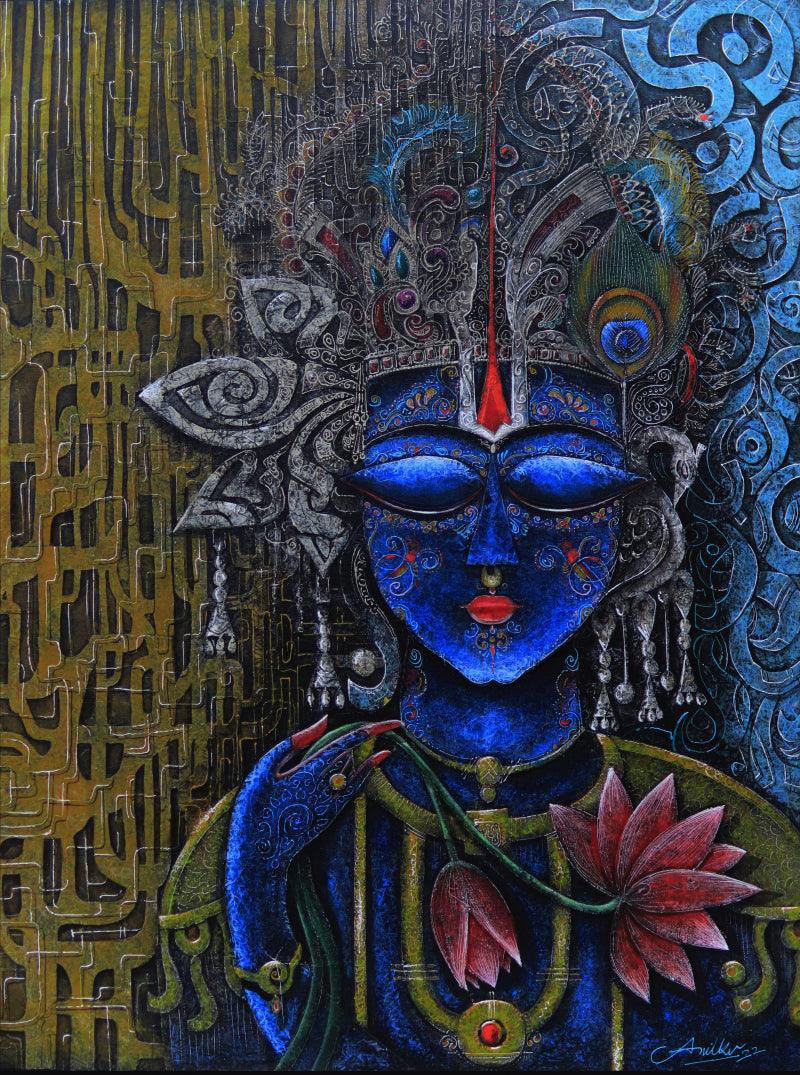 Religious acrylic painting titled 'Lord Krishna', 48x36 inches, by artist Anil K Vishwa on Canvas
