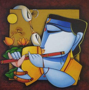 Religious acrylic painting titled 'Lord Krishna', 18x18 inches, by artist Arvind R. Mahajan on Canvas