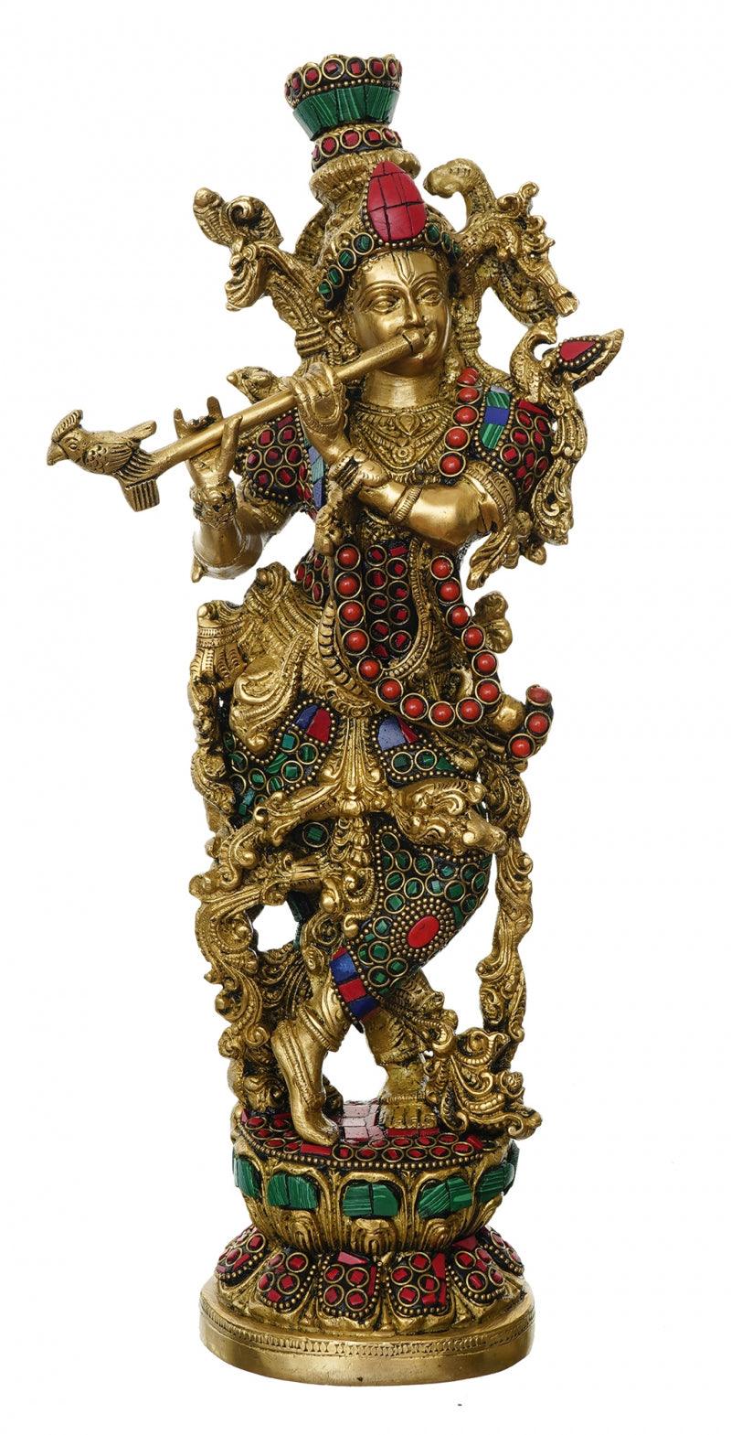 Religious handicraft titled 'Lord Krishna Playing Flute', 14x6x3 inches, by artist Brass Handicrafts on Brass