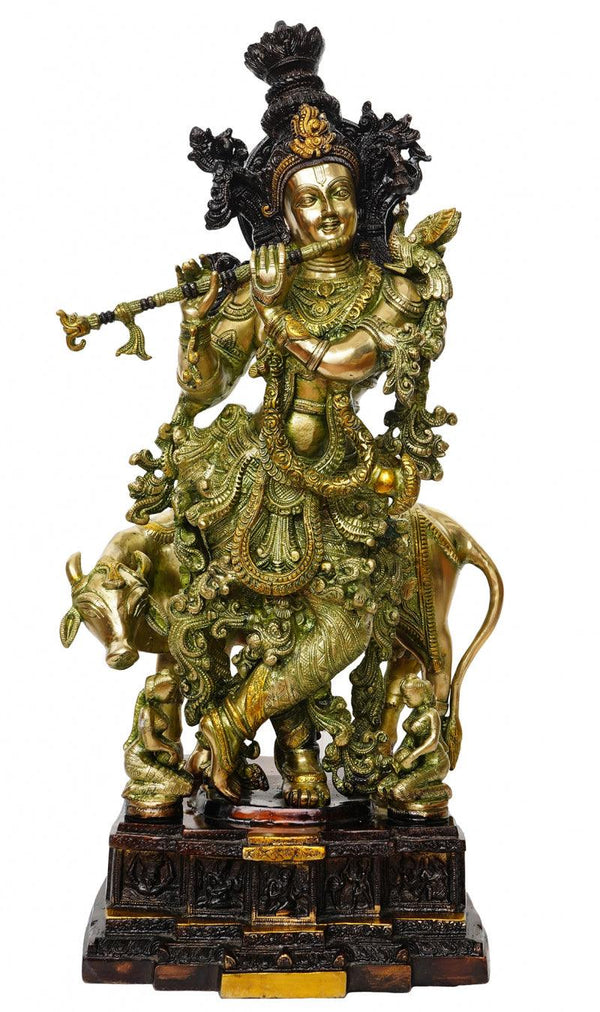 Lord Krishna Sitting On Cow And Playing Handicraft by Brass Handicrafts | ArtZolo.com