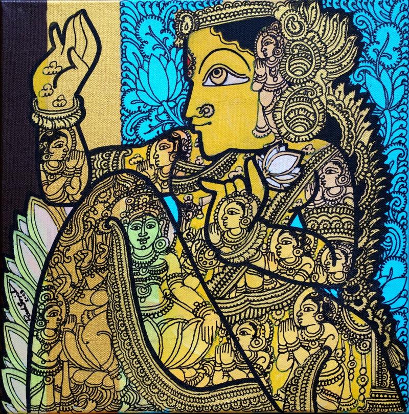 Religious acrylic painting titled 'Lord Lakshmi', 12x12 inches, by artist Ramesh Gorjala on Canvas