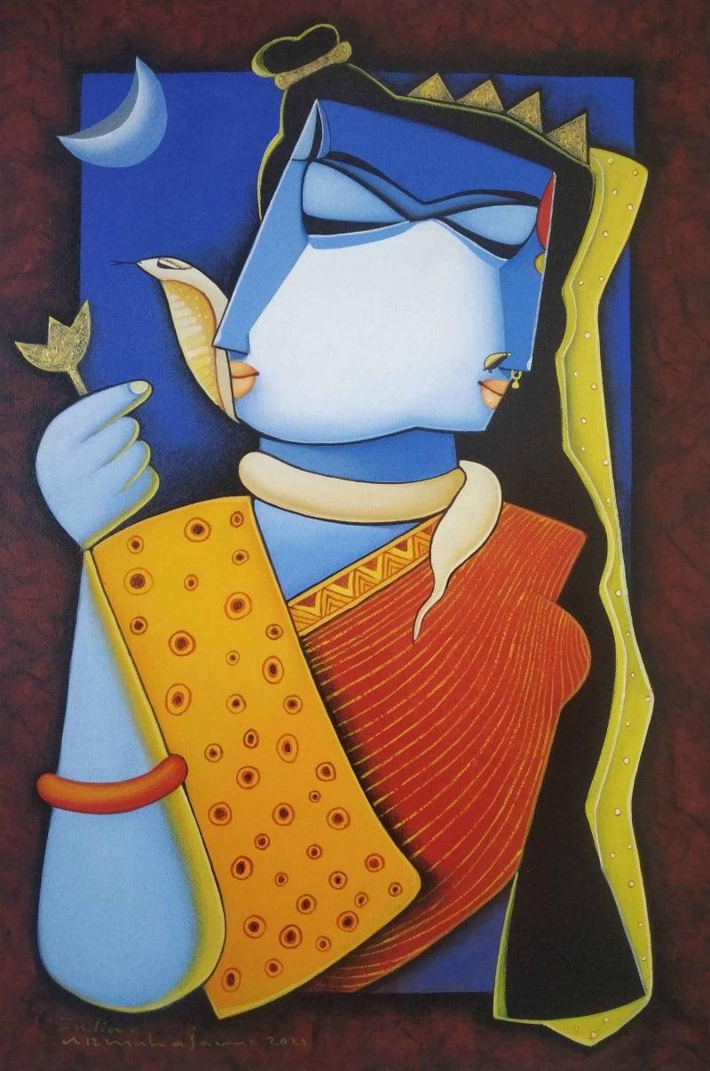 Religious acrylic painting titled 'Lord Shiva', 30x20 inches, by artist Arvind R. Mahajan on Canvas