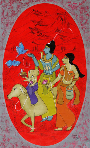 Lord Shiva (The Holy Family) by Chetan Katigar, Original Acrylic Figurative Painting on Canvas, Large Vertical Wall Art