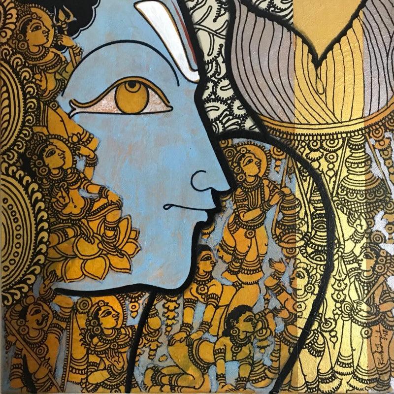 Religious acrylic painting titled 'Lord Vishnu', 12x12 inches, by artist Ramesh Gorjala on Canvas