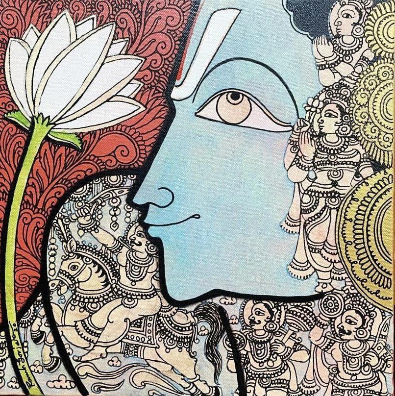 Religious mixed media painting titled 'Lord Vishnu', 12x12 inches, by artist Ramesh Gorjala on Canvas