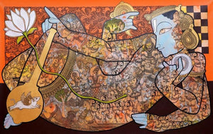 Religious acrylic painting titled 'Lord Vishnu', 36x60 inches, by artist Ramesh Gorjala on Canvas