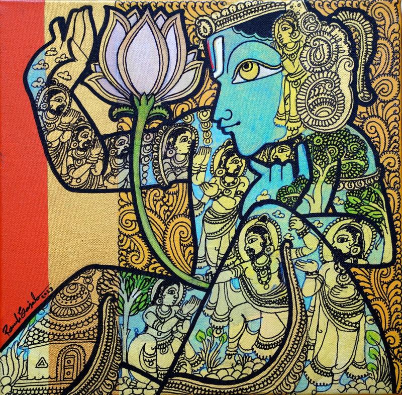 Religious acrylic painting titled 'Lord Vishnu', 12x12 inches, by artist Ramesh Gorjala on Canvas