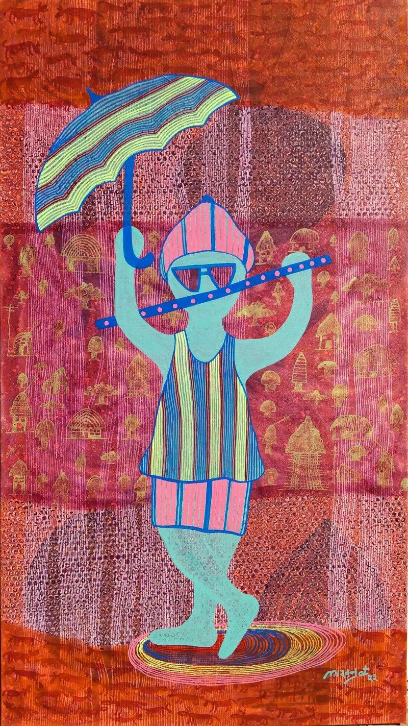 Religious acrylic painting titled 'Lord krishna', 48x30 inches, by artist Lakhan Singh Jat on Canvas