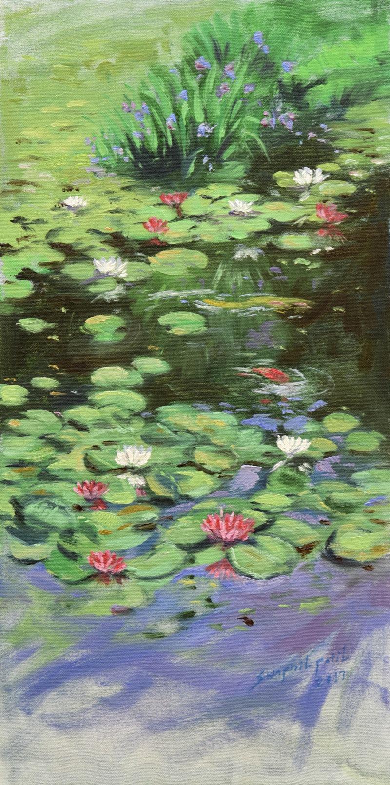 Nature oil painting titled 'Lotus', 24x12 inches, by artist Swapniil Paatil on Canvas