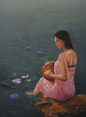 Figurative oil painting titled 'Lotus', 36x48 inches, by artist Kamal Rao on Canvas