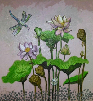 Lotus (Serene Pond) by Shyamali Paul, Original Acrylic Nature Painting on Canvas, Small Vertical Wall Art