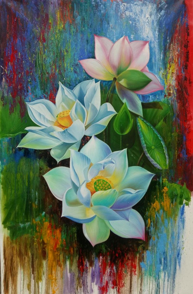 Nature acrylic painting titled 'Lotus', 60x36 inches, by artist Pradeep Kumar on Canvas