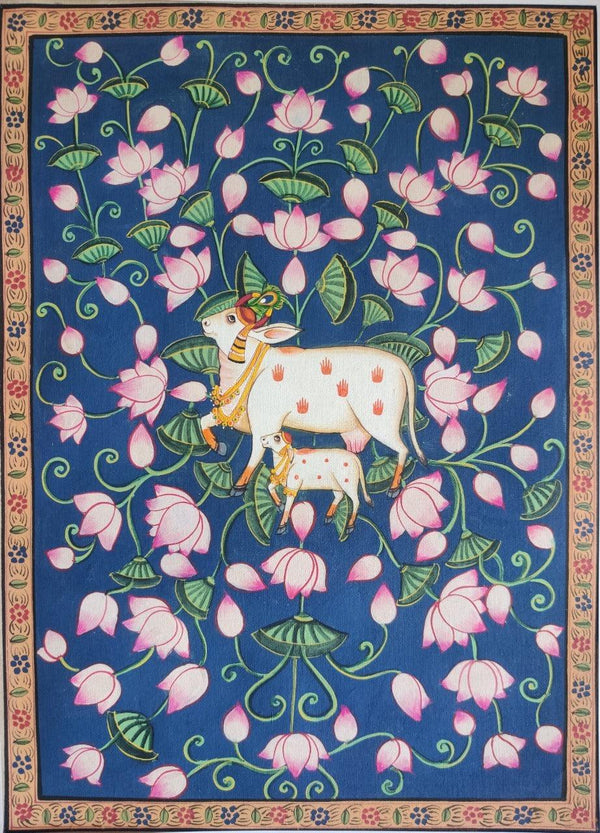 Lotus Cow Pichwai Traditional Art by Pichwai Art | ArtZolo.com