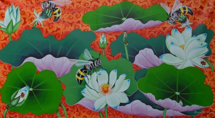 Lotus Pond 1 Painting by Ramu Das | ArtZolo.com