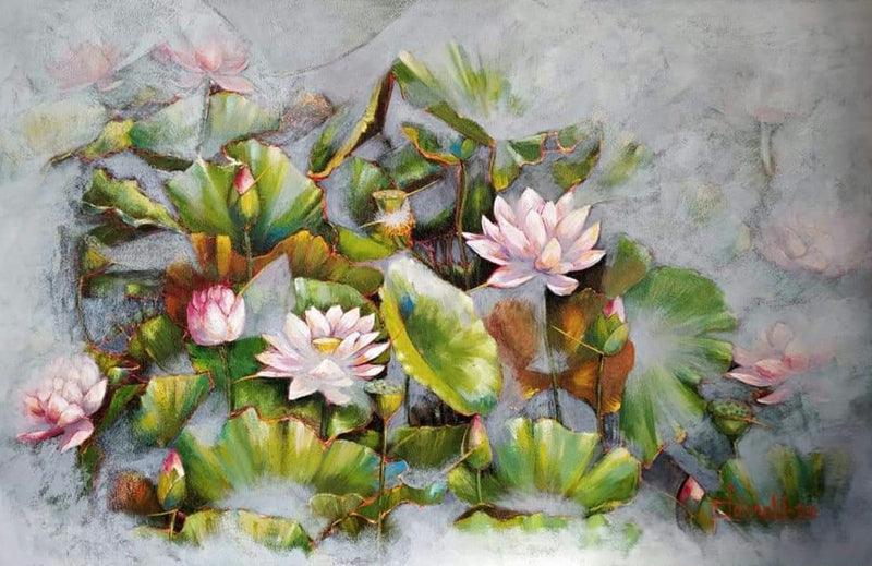 Nature acrylic painting titled 'Lotus Pond 2', 26x40 inches, by artist Tamali Das on Canvas