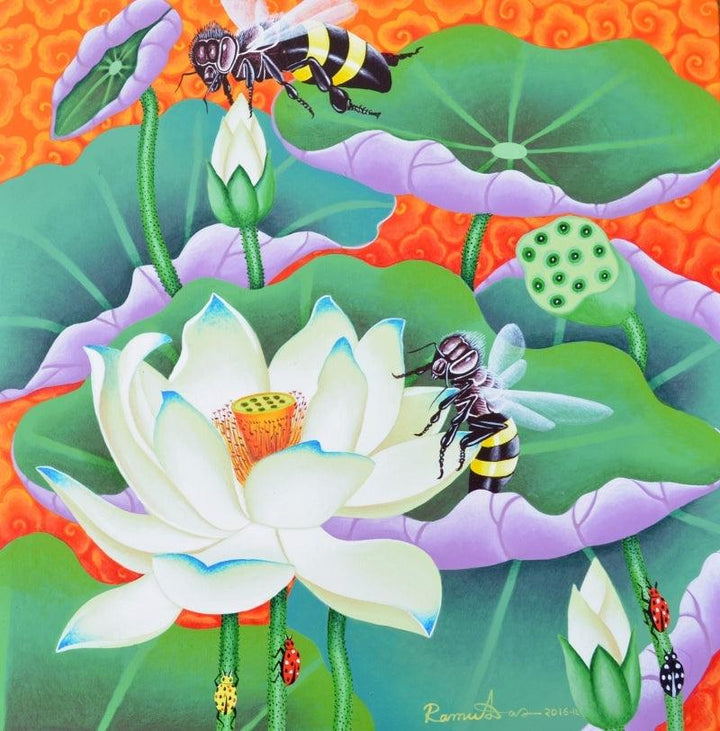 Lotus Pond Painting by Ramu Das | ArtZolo.com