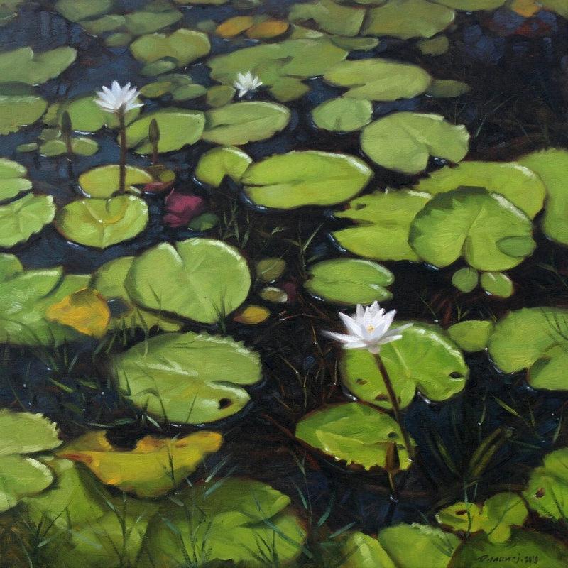 Nature oil painting titled 'Lotus Pond', 24x24 inches, by artist Manoj Deshmukh on Canvas