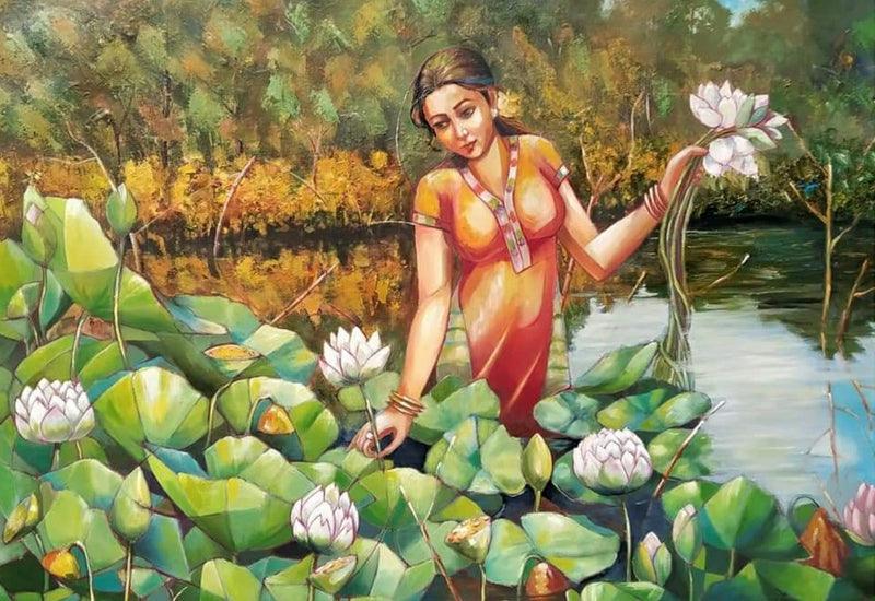 Figurative oil painting titled 'Lotus Pond', 28x40 inches, by artist Tamali Das on Canvas