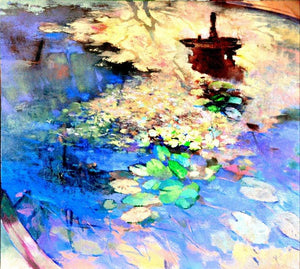 Lotus Pond by Sikandar Mulla, Original Oil Nature Painting on Canvas, Medium Horizontal Wall Art