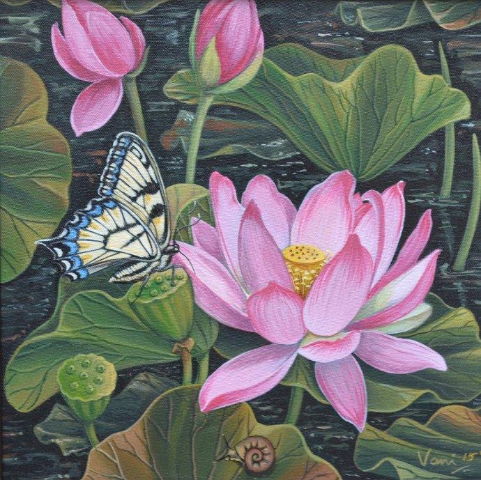Nature acrylic painting titled 'Lotus Pond', 12x12 inches, by artist Vani Chawla on Canvas