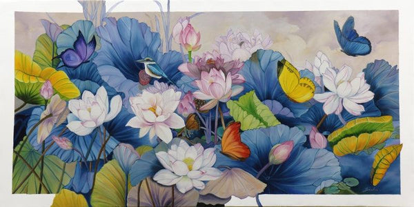 Lotus With Butterfles And Bird Painting by Sulakshana Dharmadhikari | ArtZolo.com