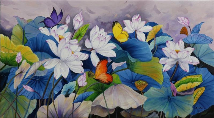 Lotus With Butterflies Painting by Sulakshana Dharmadhikari | ArtZolo.com